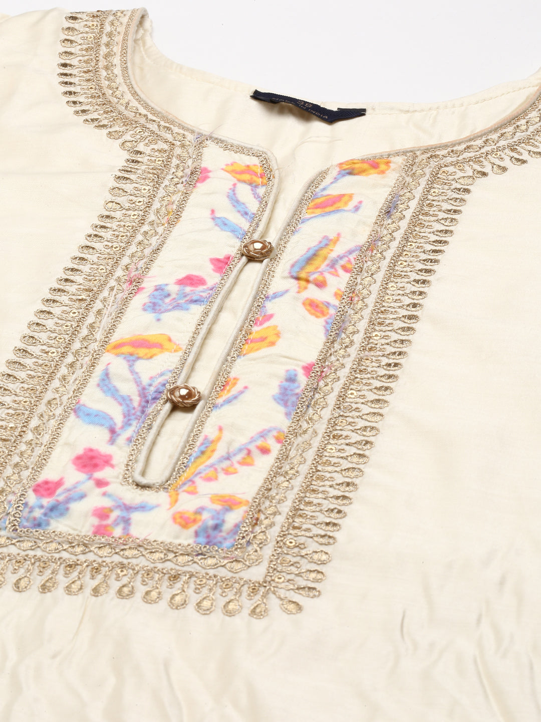 Neerus Beige embroidered kurta set with trouser and dupatta - detail view 3