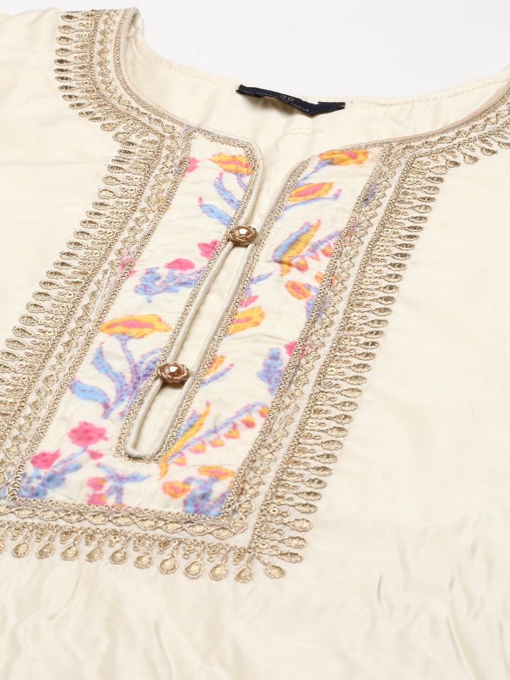 Neerus Beige embroidered kurta set with trouser and dupatta - detail view 3