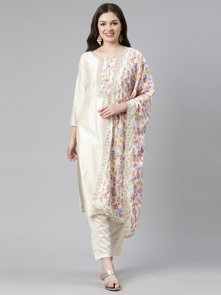 Neerus Beige embroidered kurta set with trouser and dupatta - front view