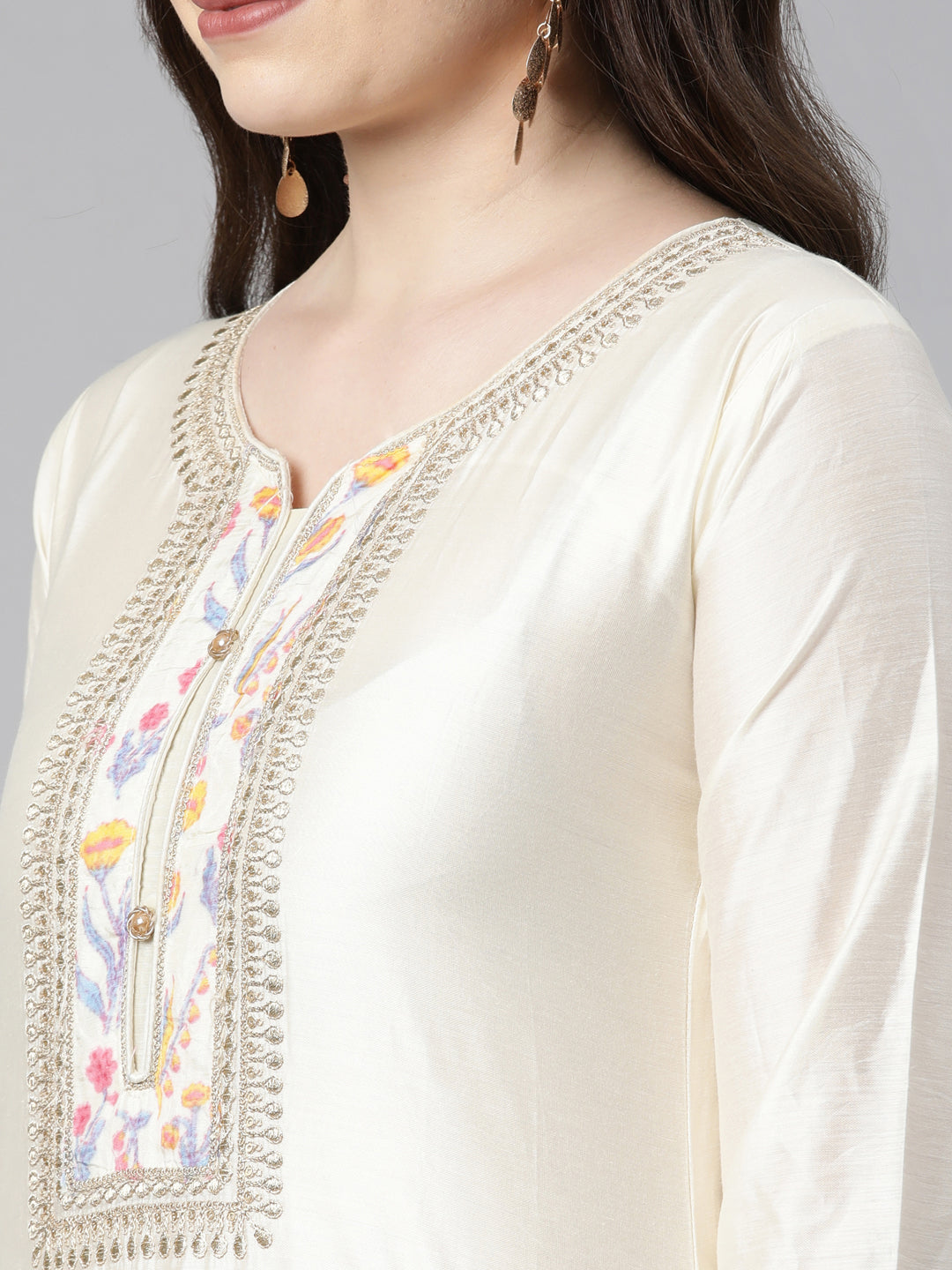 Neerus Beige embroidered kurta set with trouser and dupatta - detail view 1