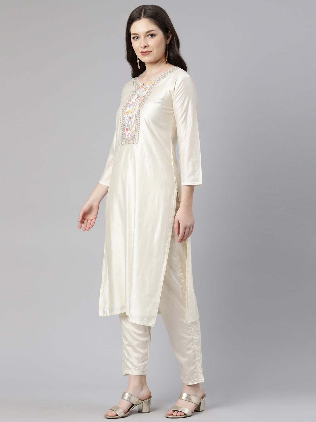 Neerus Beige embroidered kurta set with trouser and dupatta - back view