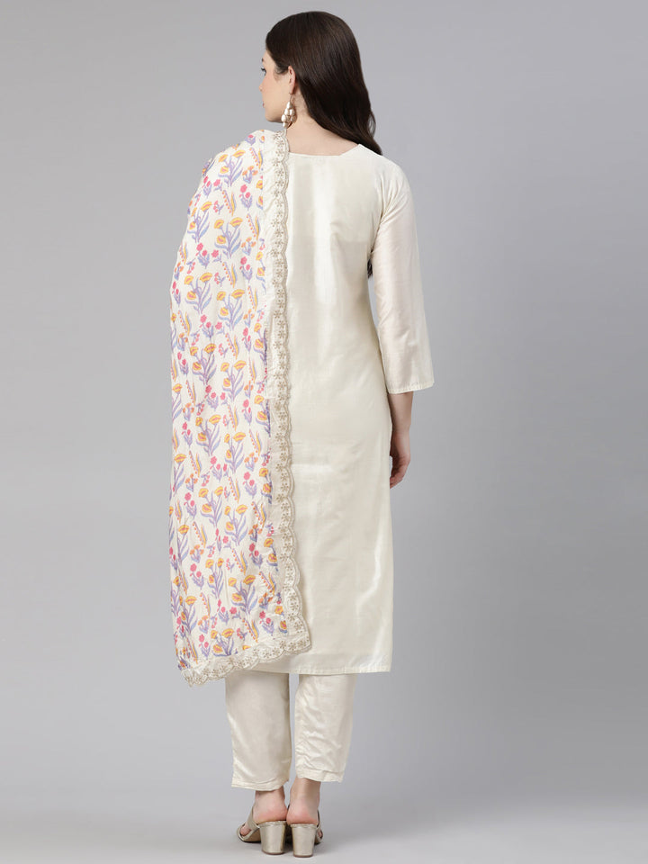 Neerus Beige embroidered kurta set with trouser and dupatta - side view