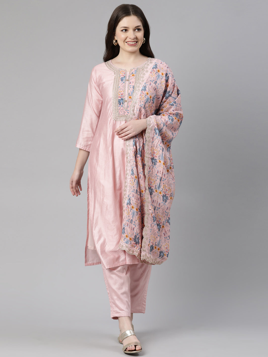 Neerus Orange embroidered kurta set with trouser and dupatta - front view