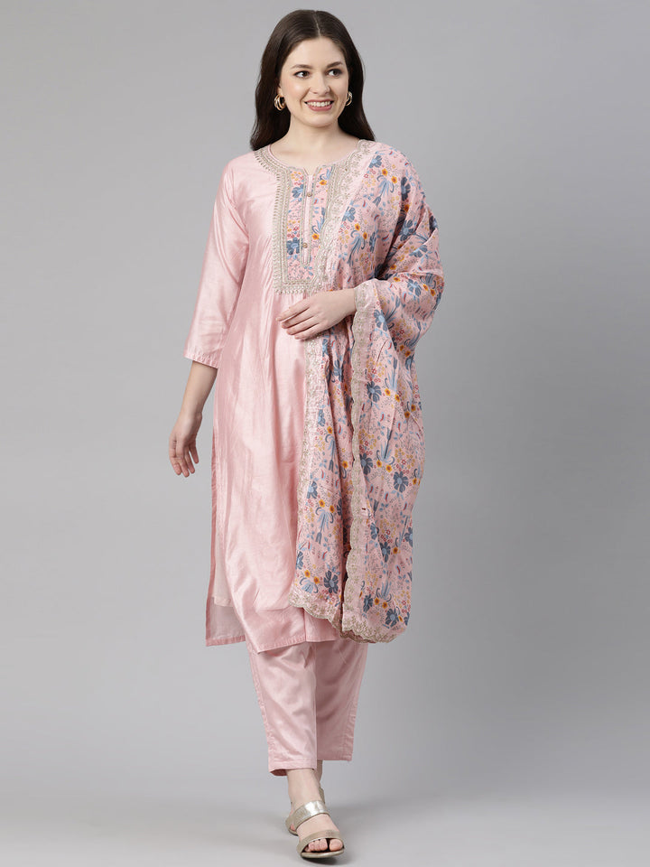 Neerus Orange embroidered kurta set with trouser and dupatta - front view