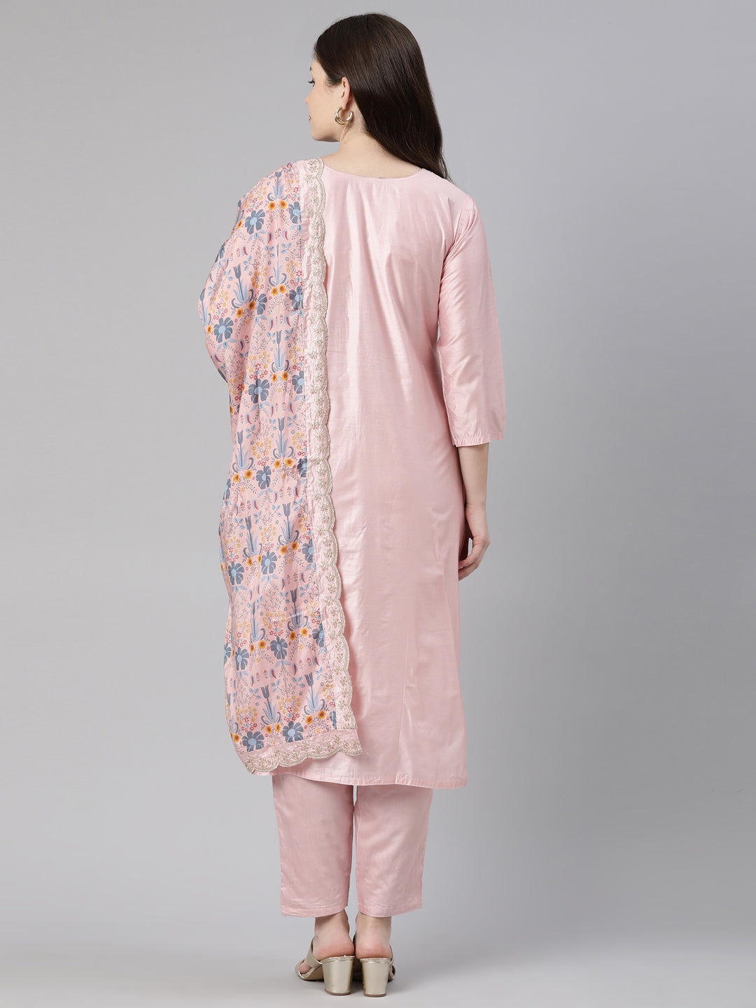 Neerus Orange embroidered kurta set with trouser and dupatta - side view