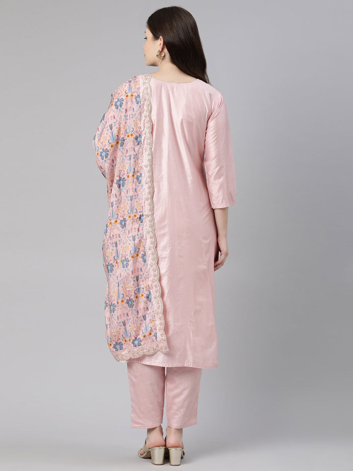 Neerus Orange embroidered kurta set with trouser and dupatta - side view