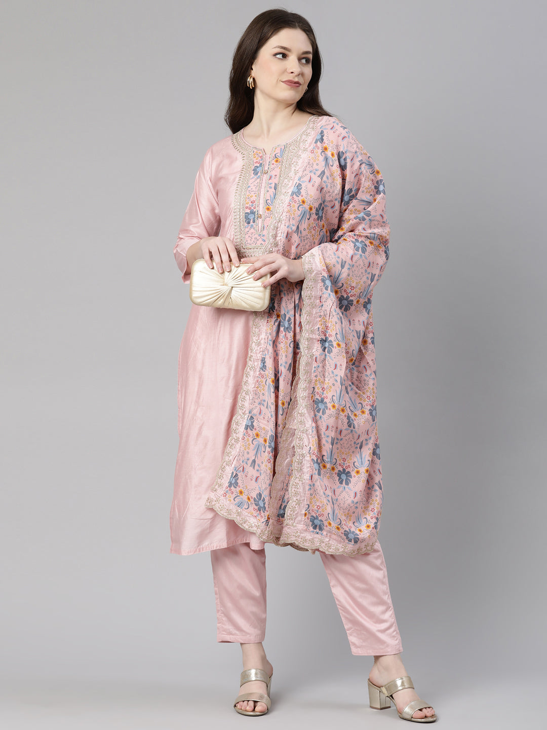 Neerus Orange embroidered kurta set with trouser and dupatta - detail view 1