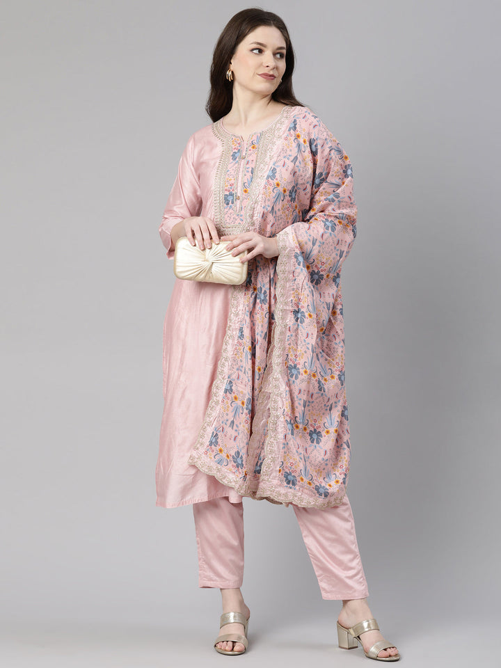 Neerus Orange embroidered kurta set with trouser and dupatta - detail view 1