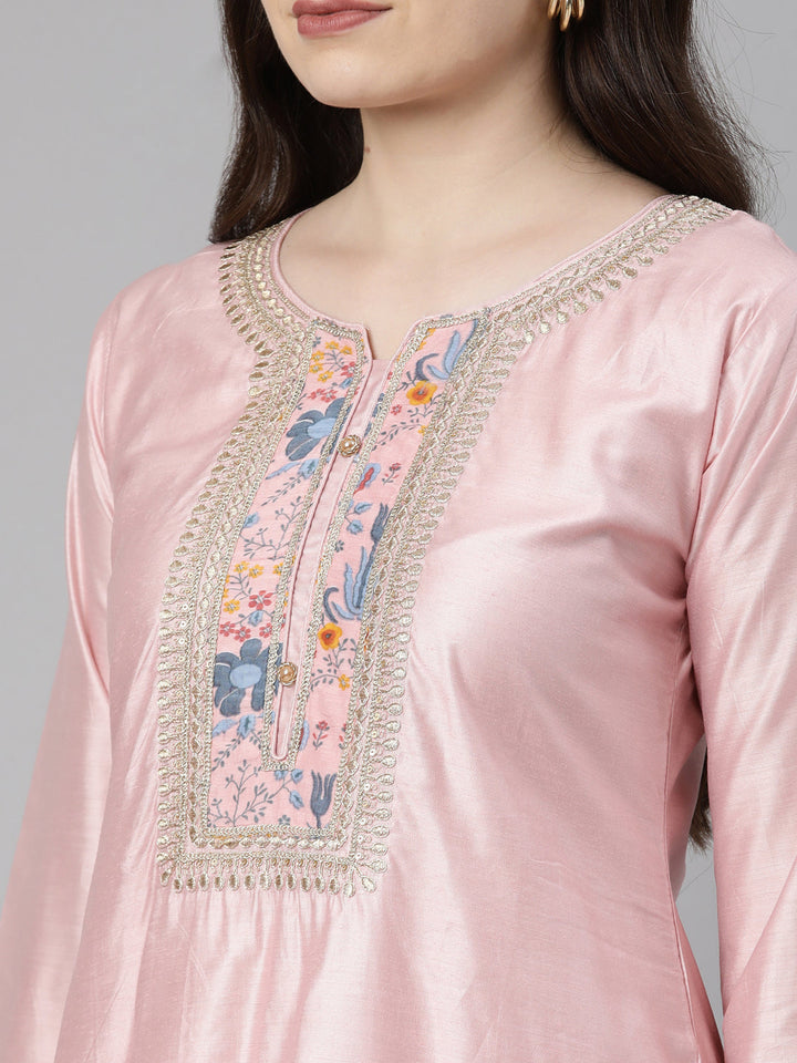 Neerus Orange embroidered kurta set with trouser and dupatta - detail view 2