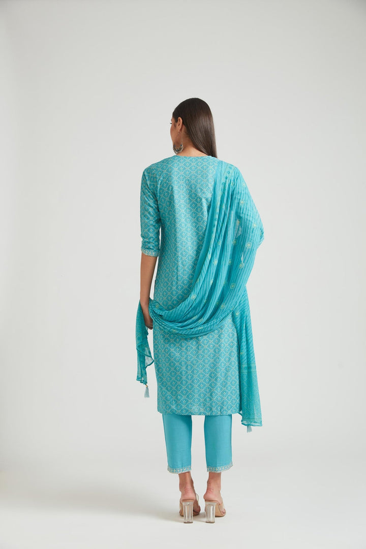 Neerus Blue cotton kurta set salwar kameez - back view