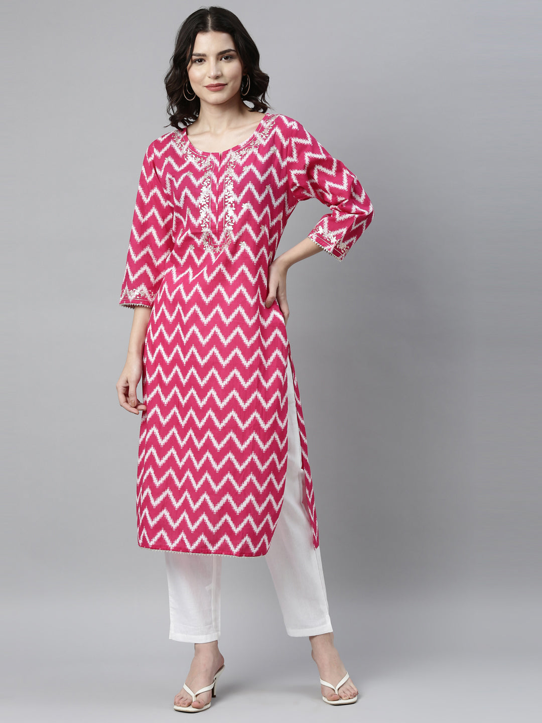 Neerus Pink cotton solid kurta - front view