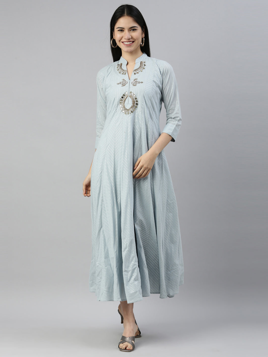 Neerus Grey woven straight kurti - front view