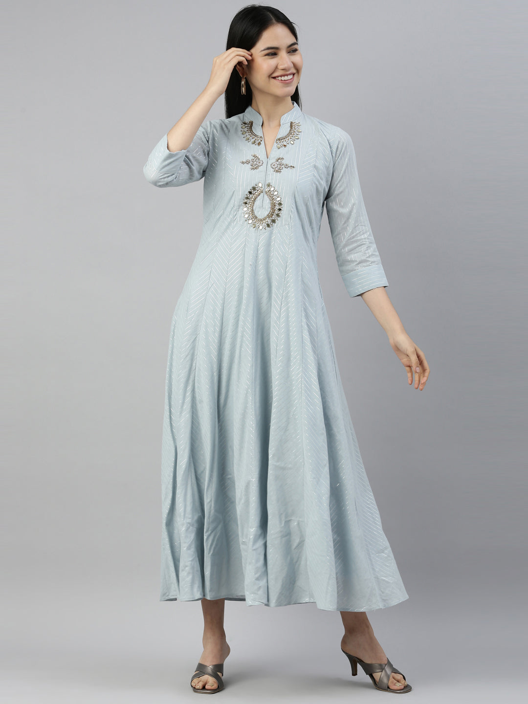 Neerus Grey woven straight kurti - detail view 3