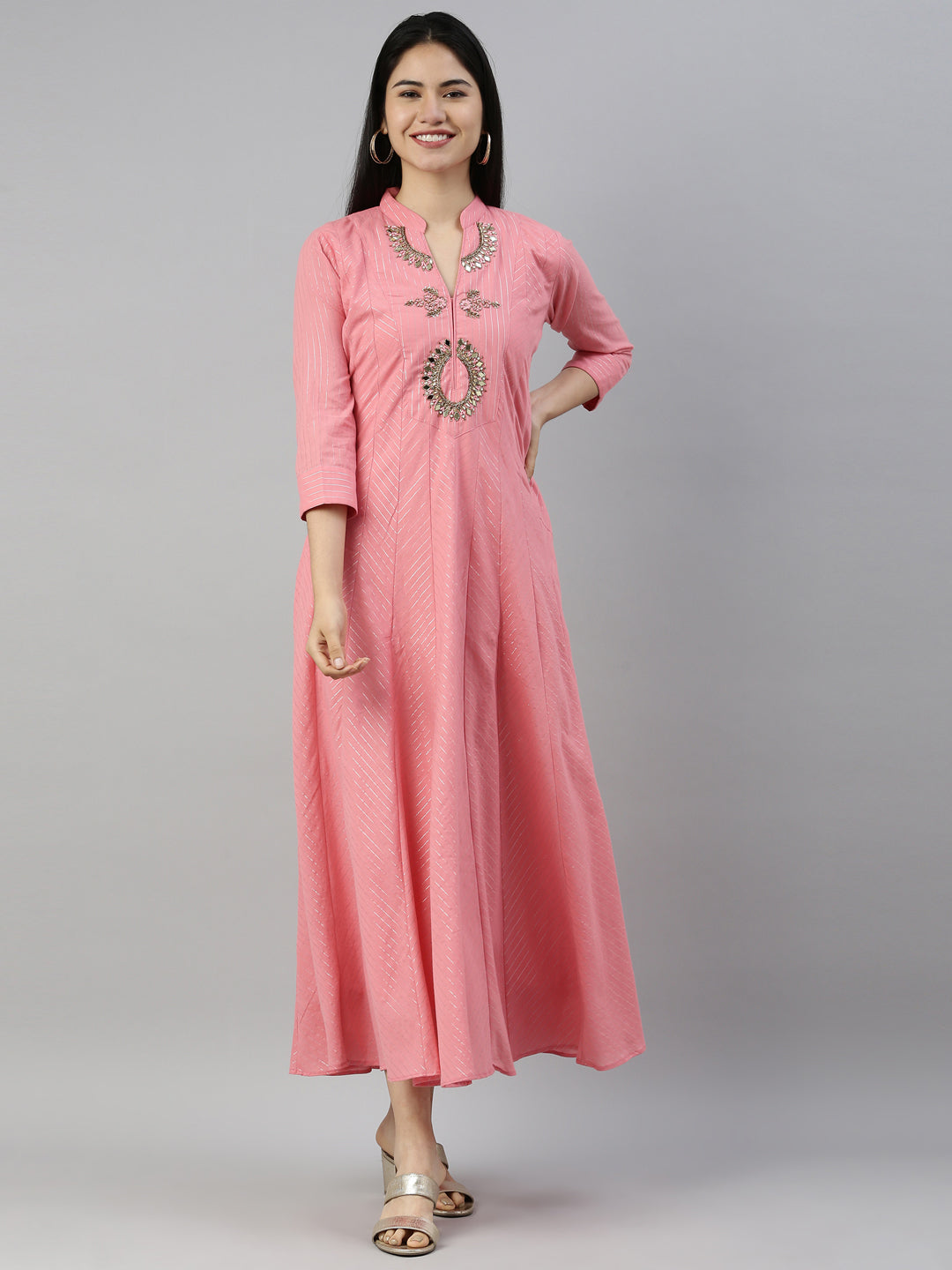 Neerus Pink polyester woven kurti - front view