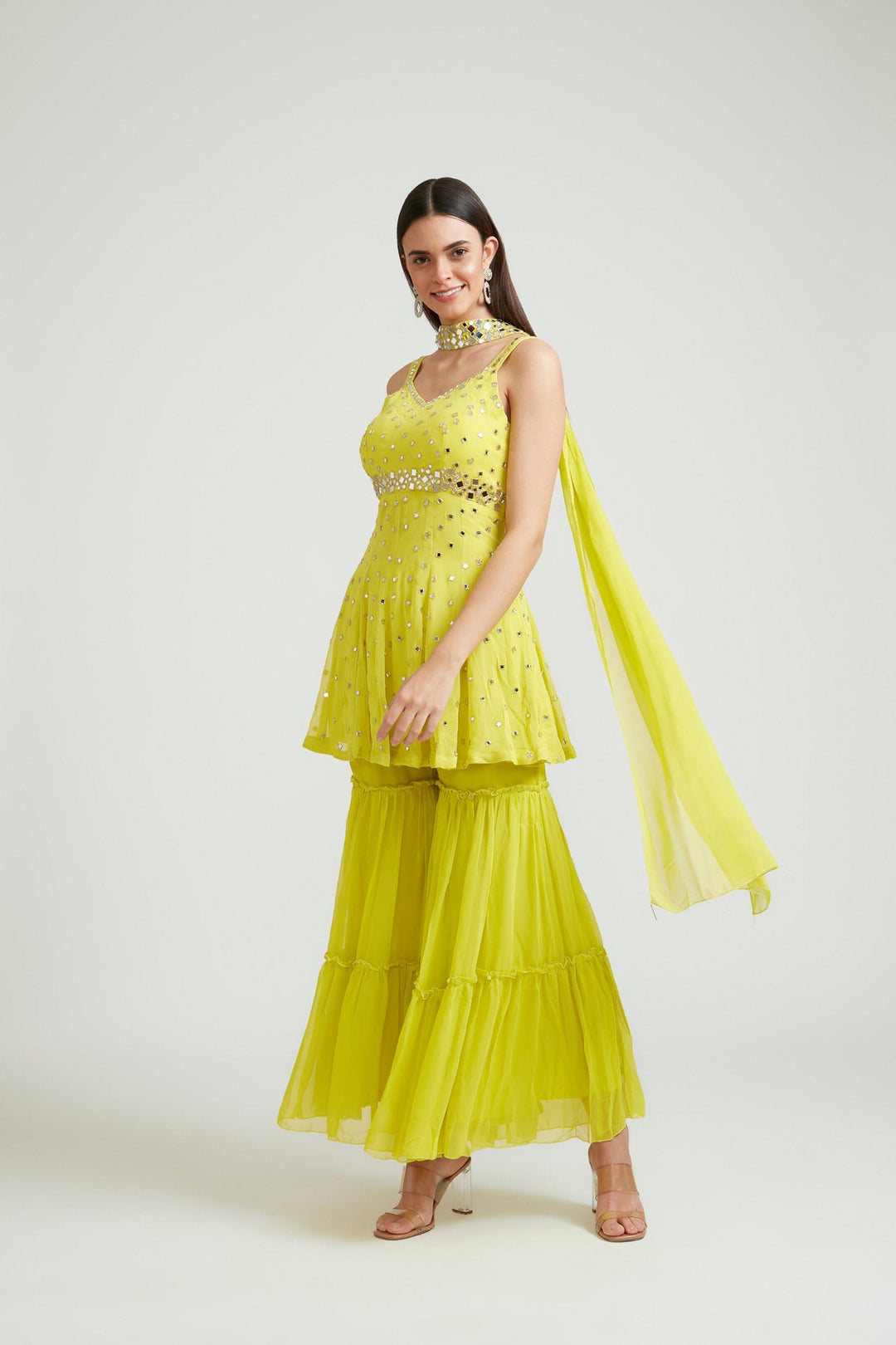 Neerus Yellow georgette embroidered anarkali suit set - side view