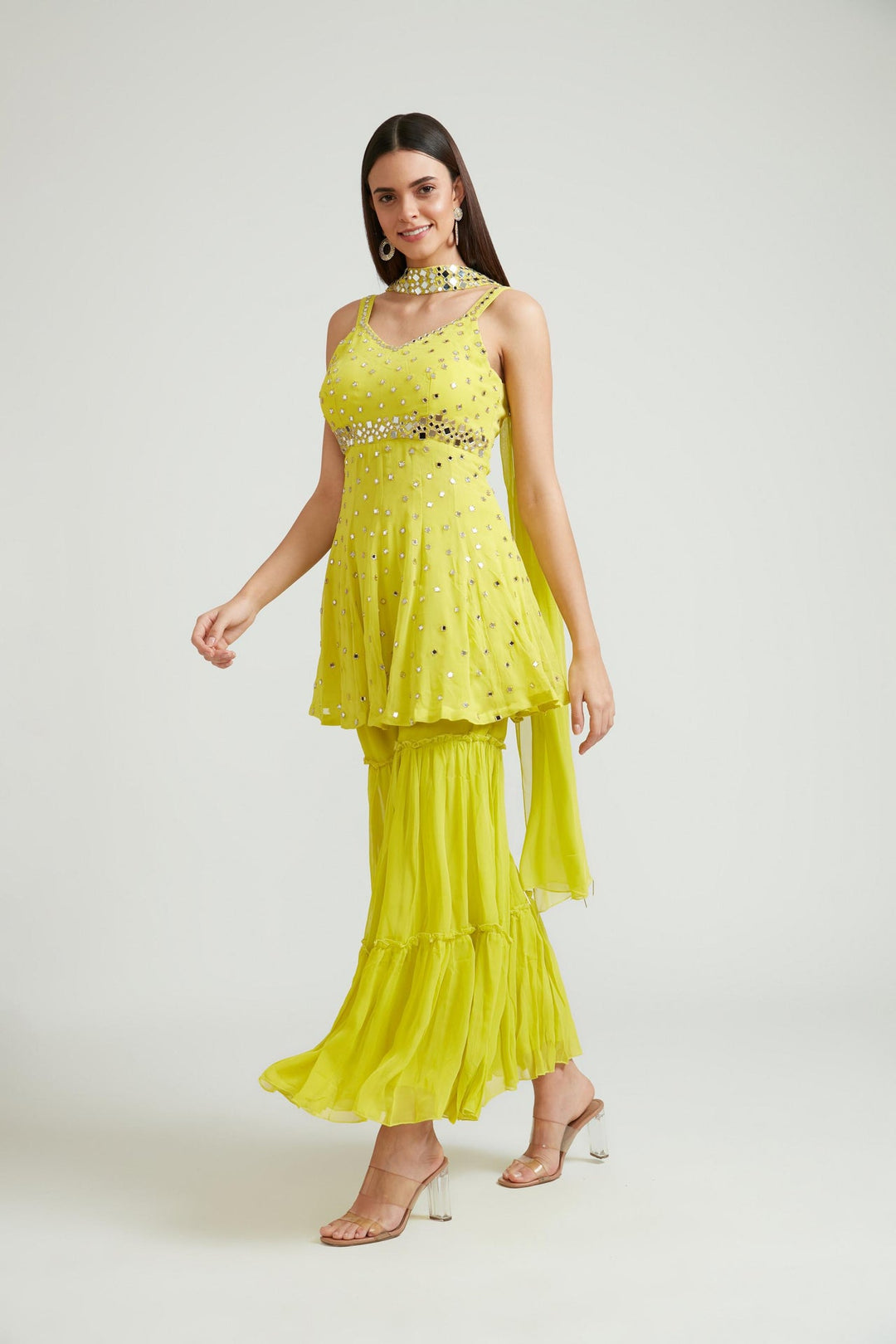 Neerus Yellow georgette embroidered anarkali suit set - front view