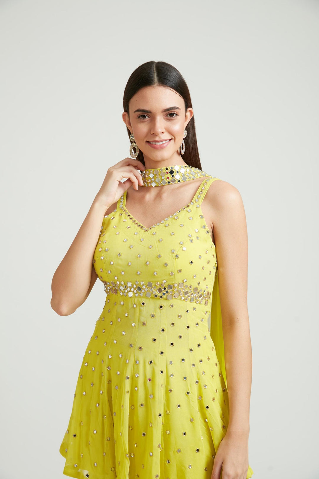 Neerus Yellow georgette embroidered anarkali suit set - back view