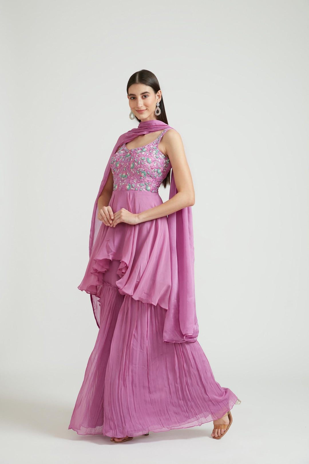 Neerus Purple georgette embroidered anarkali suit set - front view