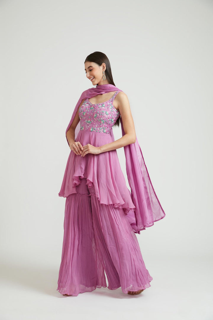 Neerus Purple georgette embroidered anarkali suit set - back view