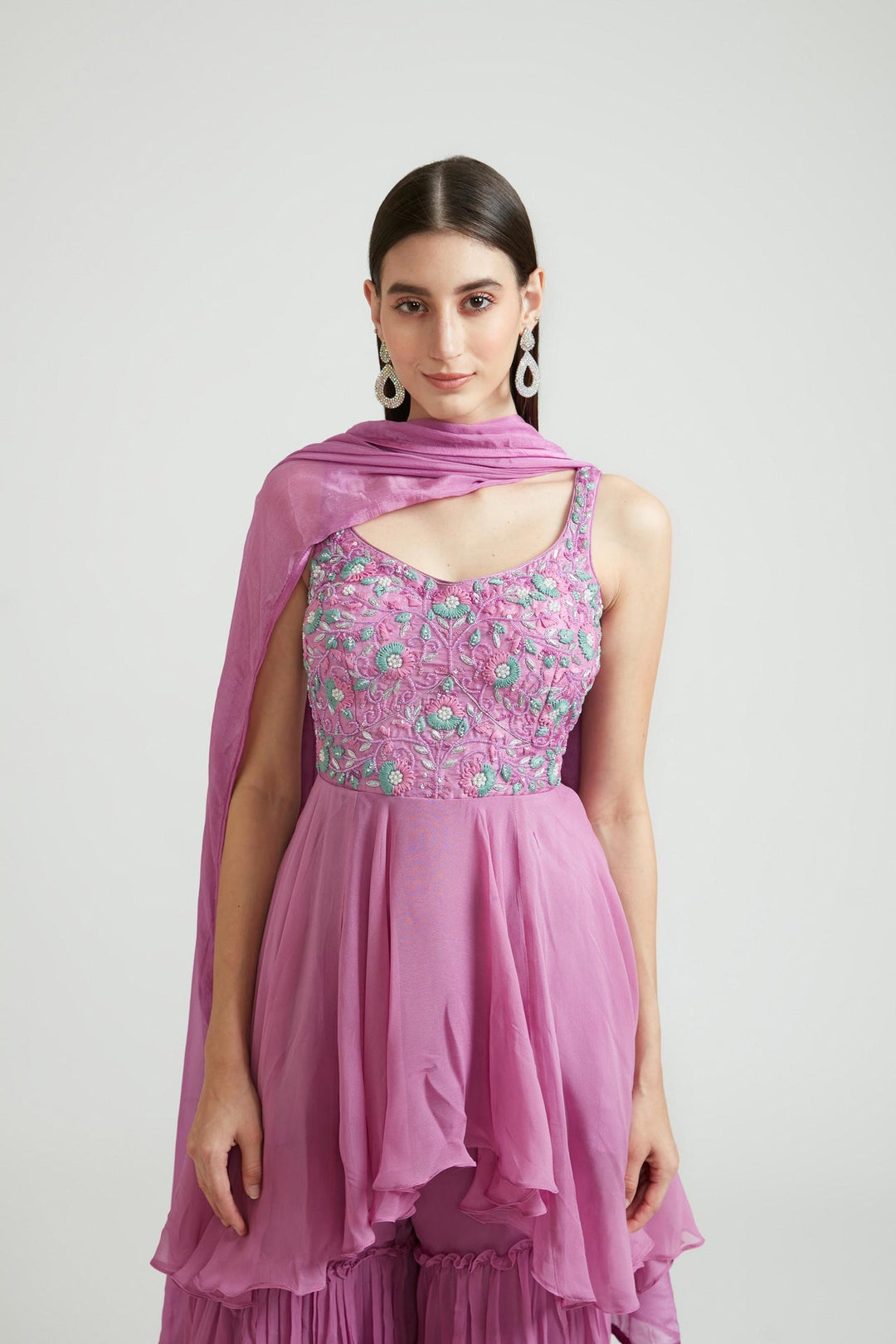 Neerus Purple georgette embroidered anarkali suit set - side view