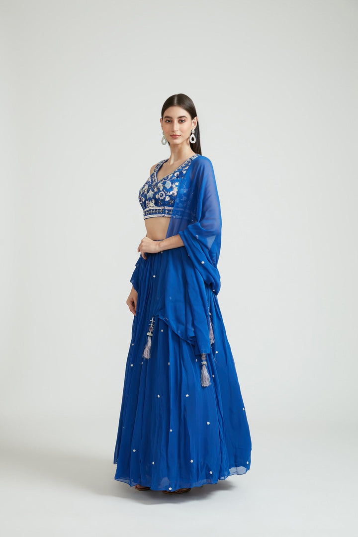 Neerus Blue Georgette Embellished Lehenga Choli - front view