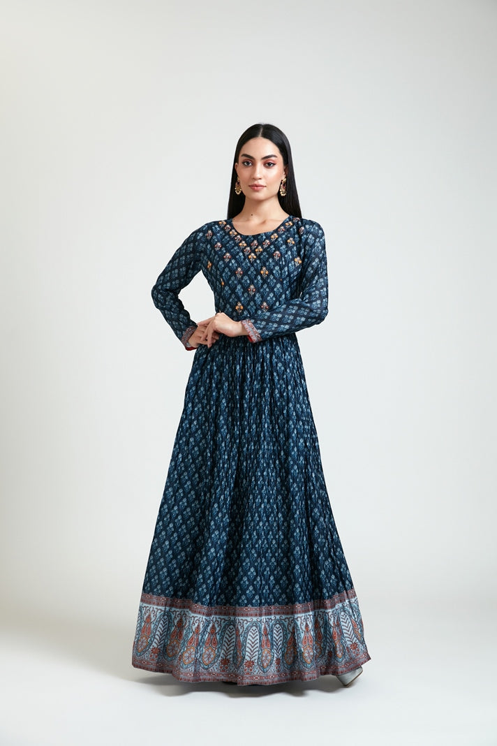 Neerus Women Silk Navy Blue Dress