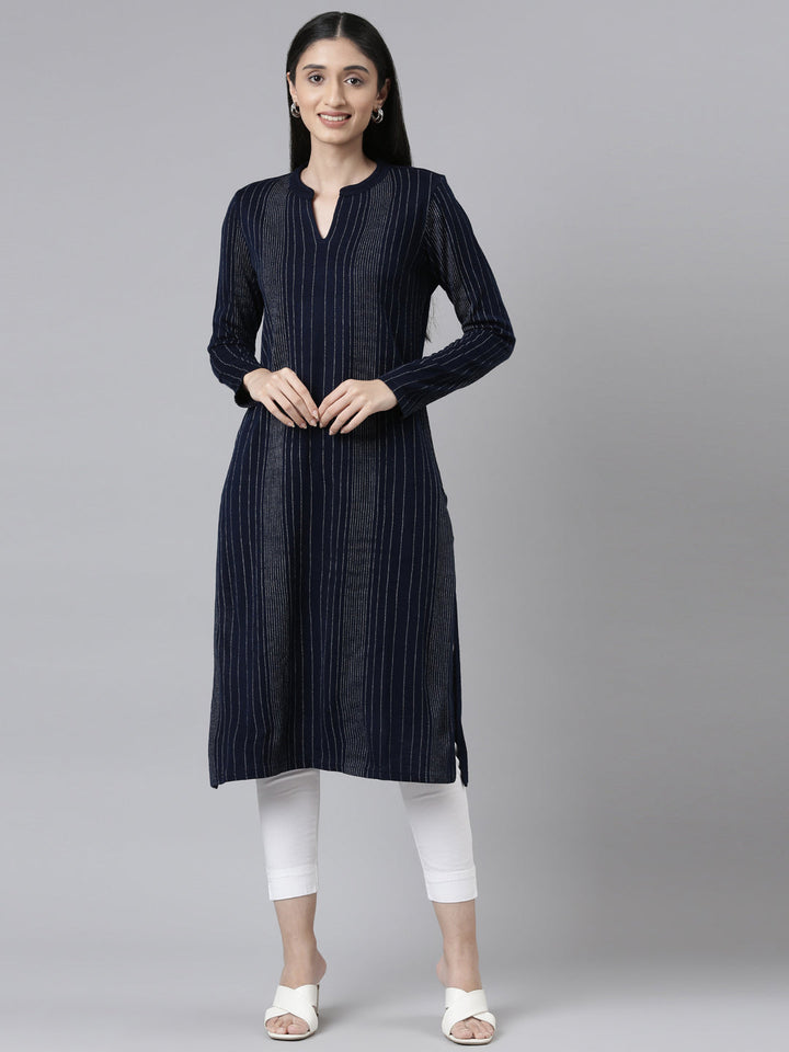 Neerus Blue acrylic embellished kurta striped - front view
