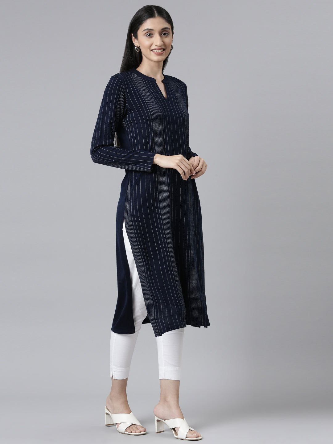 Neerus Blue acrylic embellished kurta striped - back view