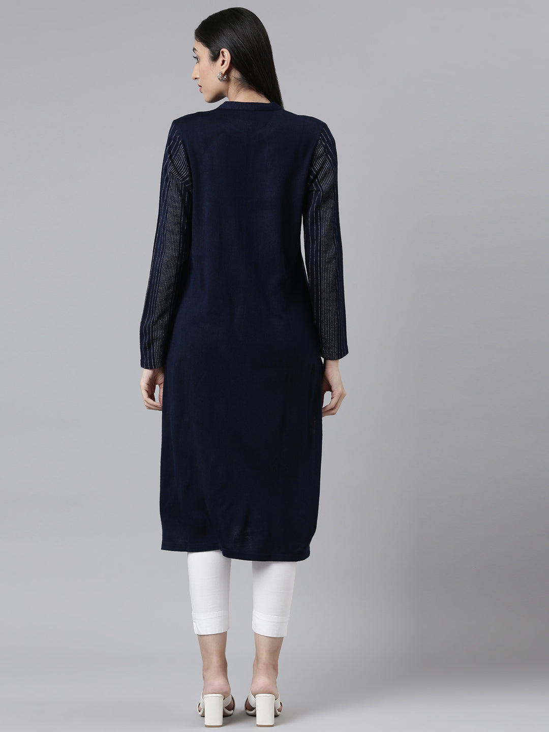 Neerus Blue acrylic embellished kurta striped - side view