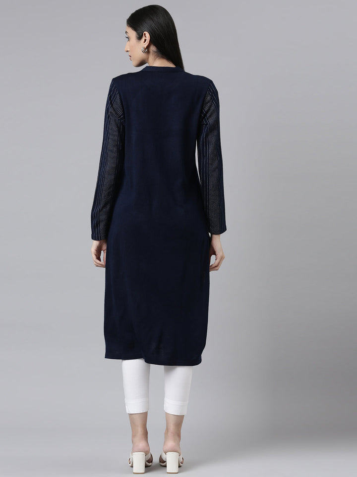 Neerus Blue acrylic embellished kurta striped - side view