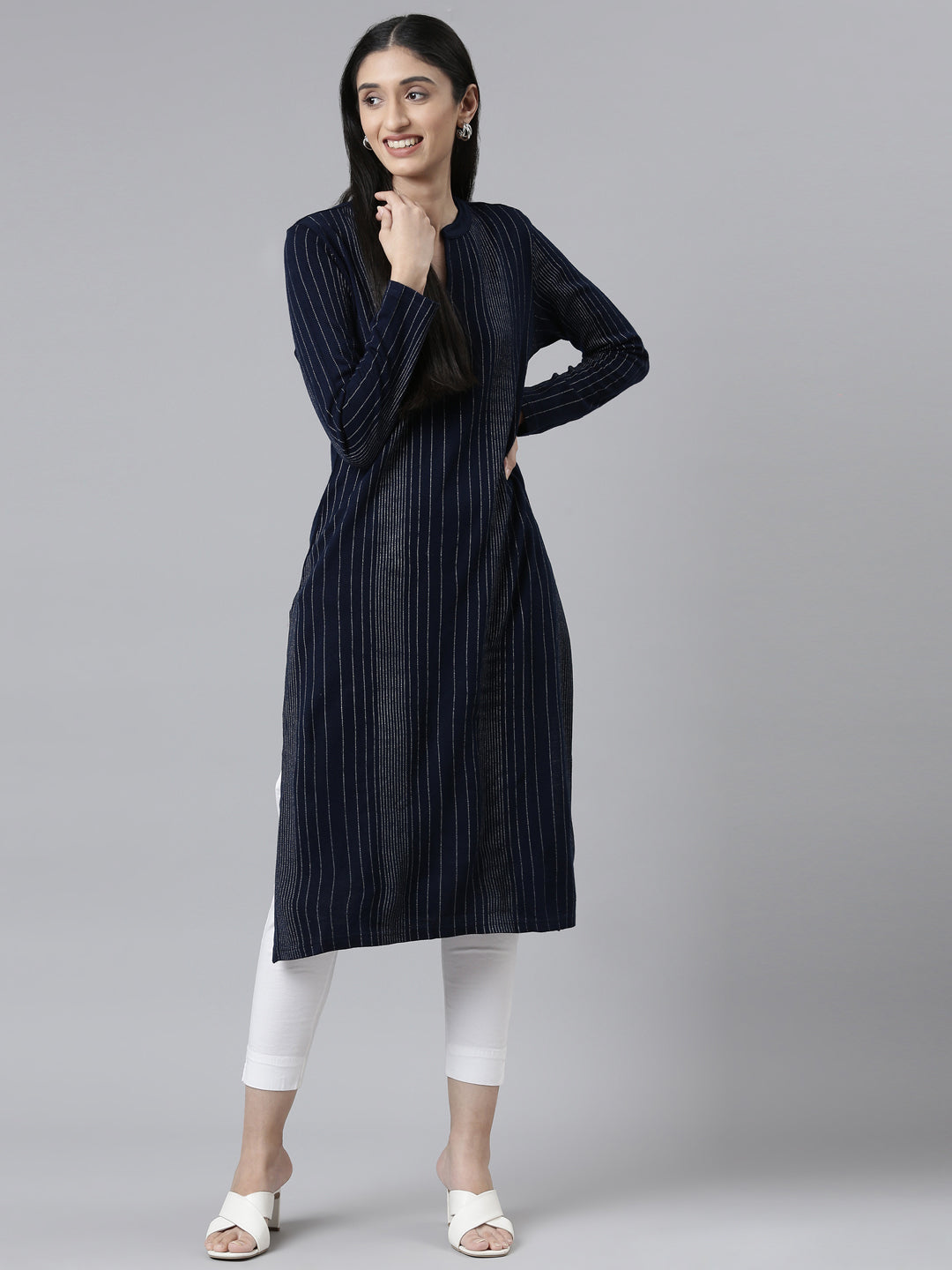 Neerus Blue acrylic embellished kurta striped - detail view 2