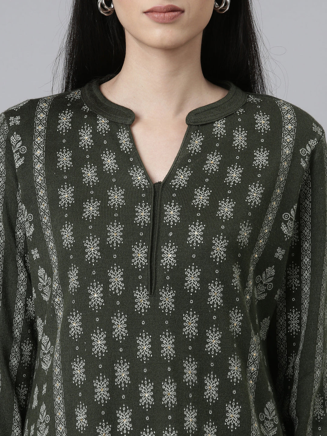 Neerus Acrylic printed ethnic straight kurti band collar - detail view 1