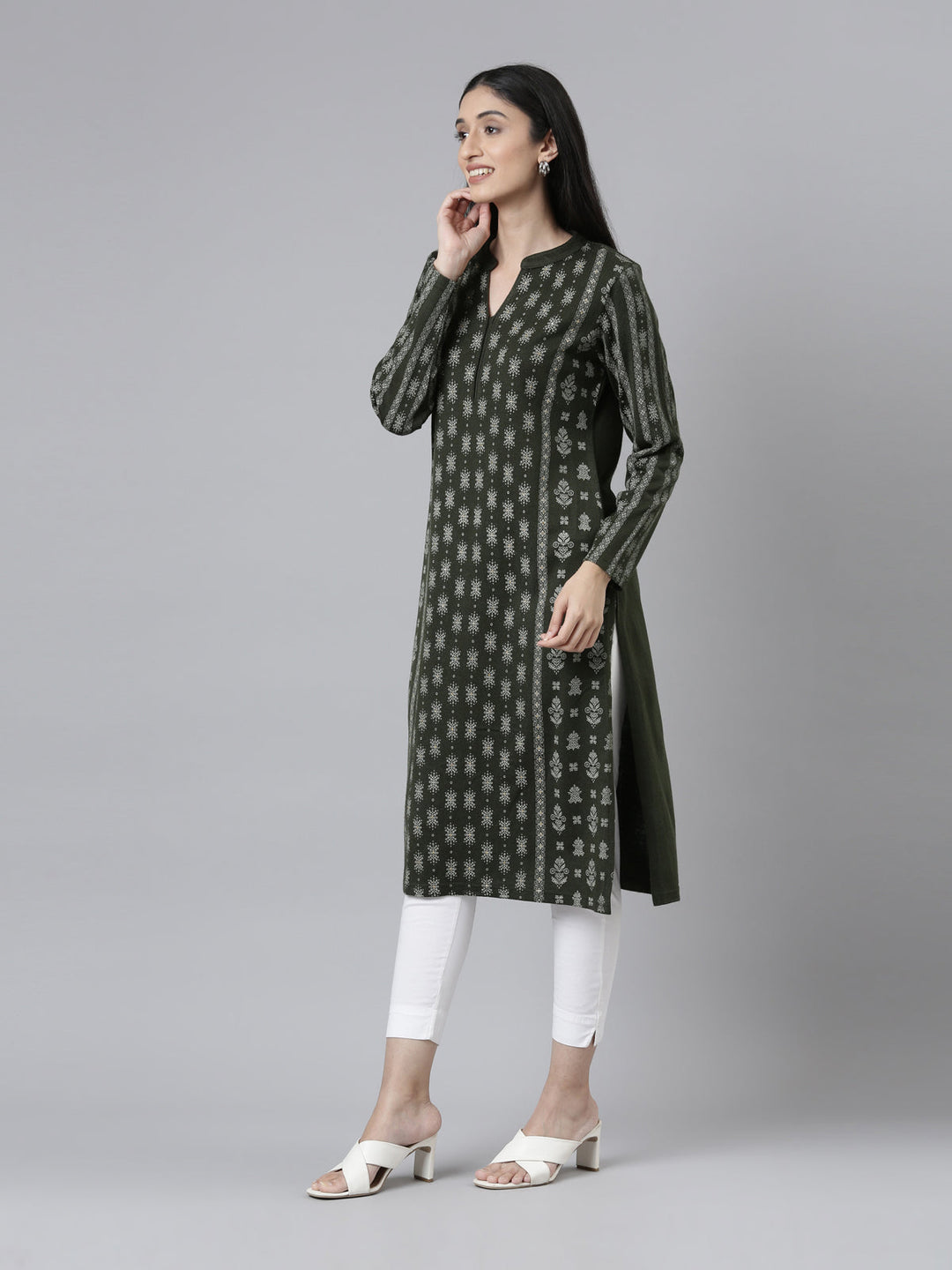 Neerus Acrylic printed ethnic straight kurti band collar - back view