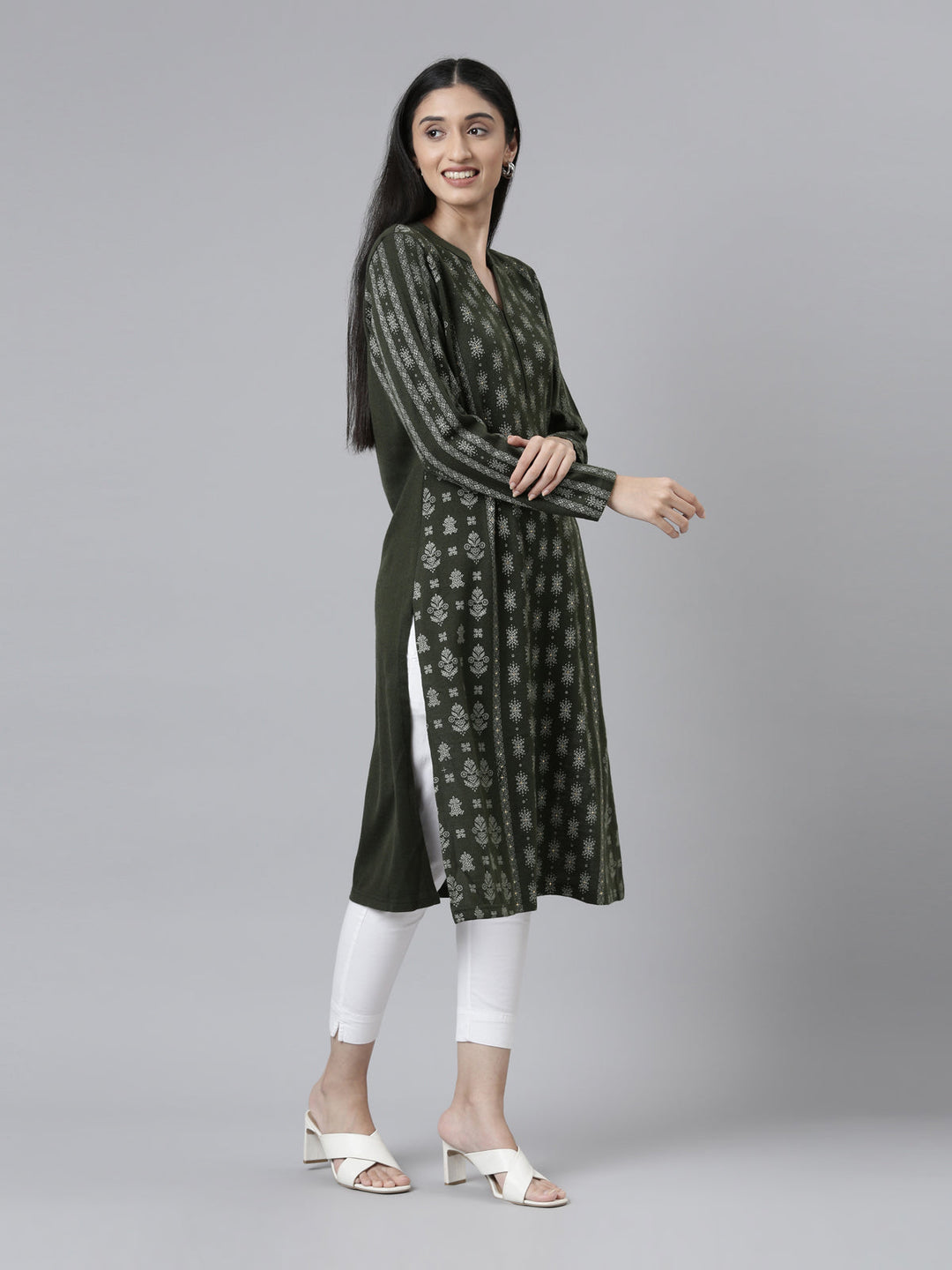 Neerus Acrylic printed ethnic straight kurti band collar - detail view 2