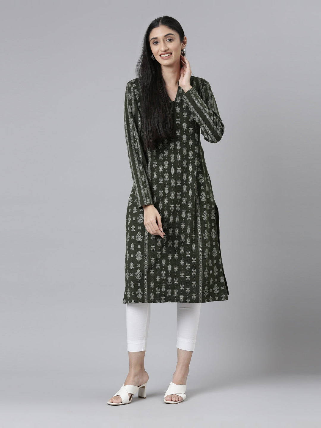 Neerus Acrylic printed ethnic straight kurti band collar - front view