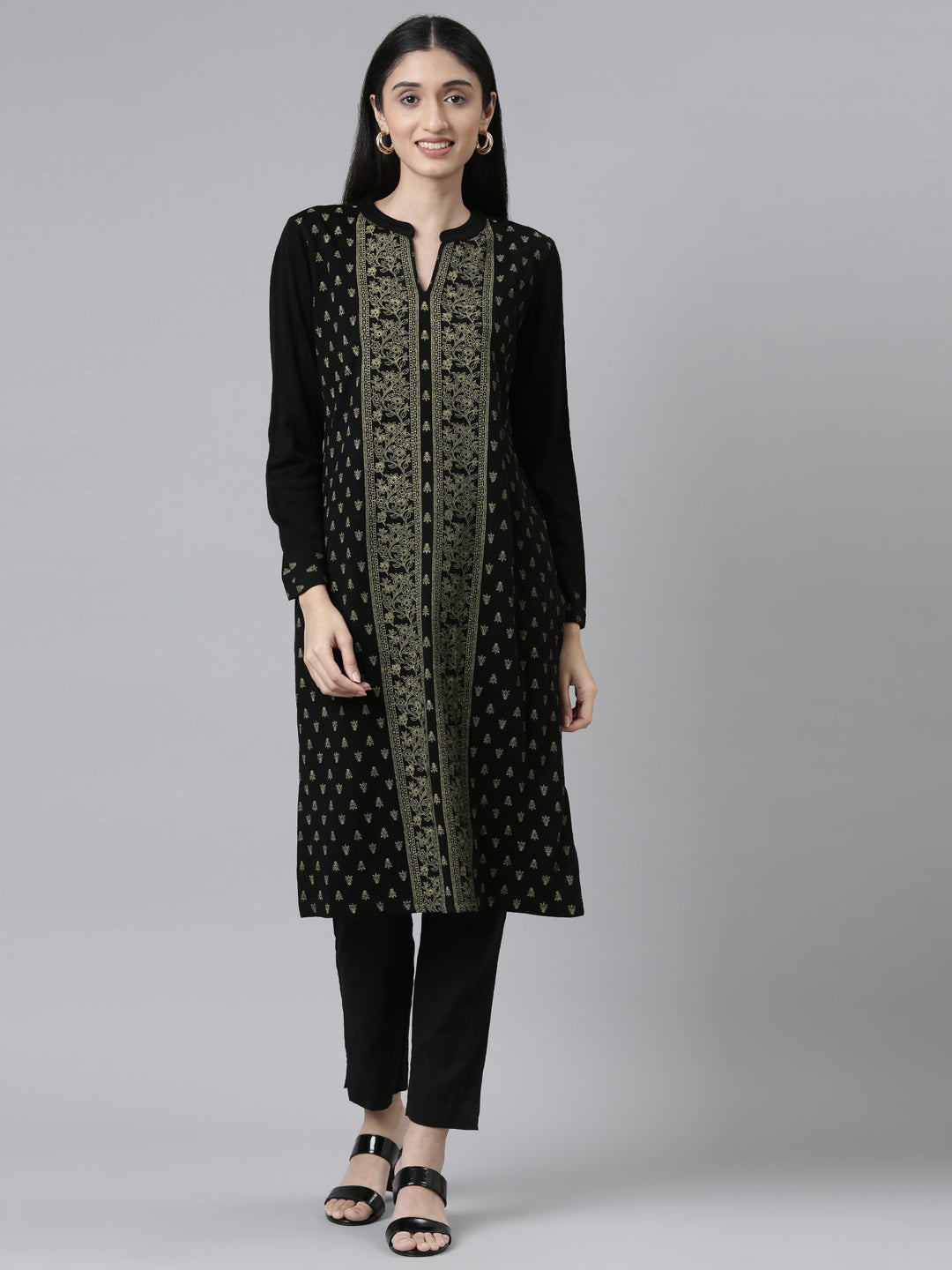 Neerus Multi acrylic printed straight kurta band collar - front view