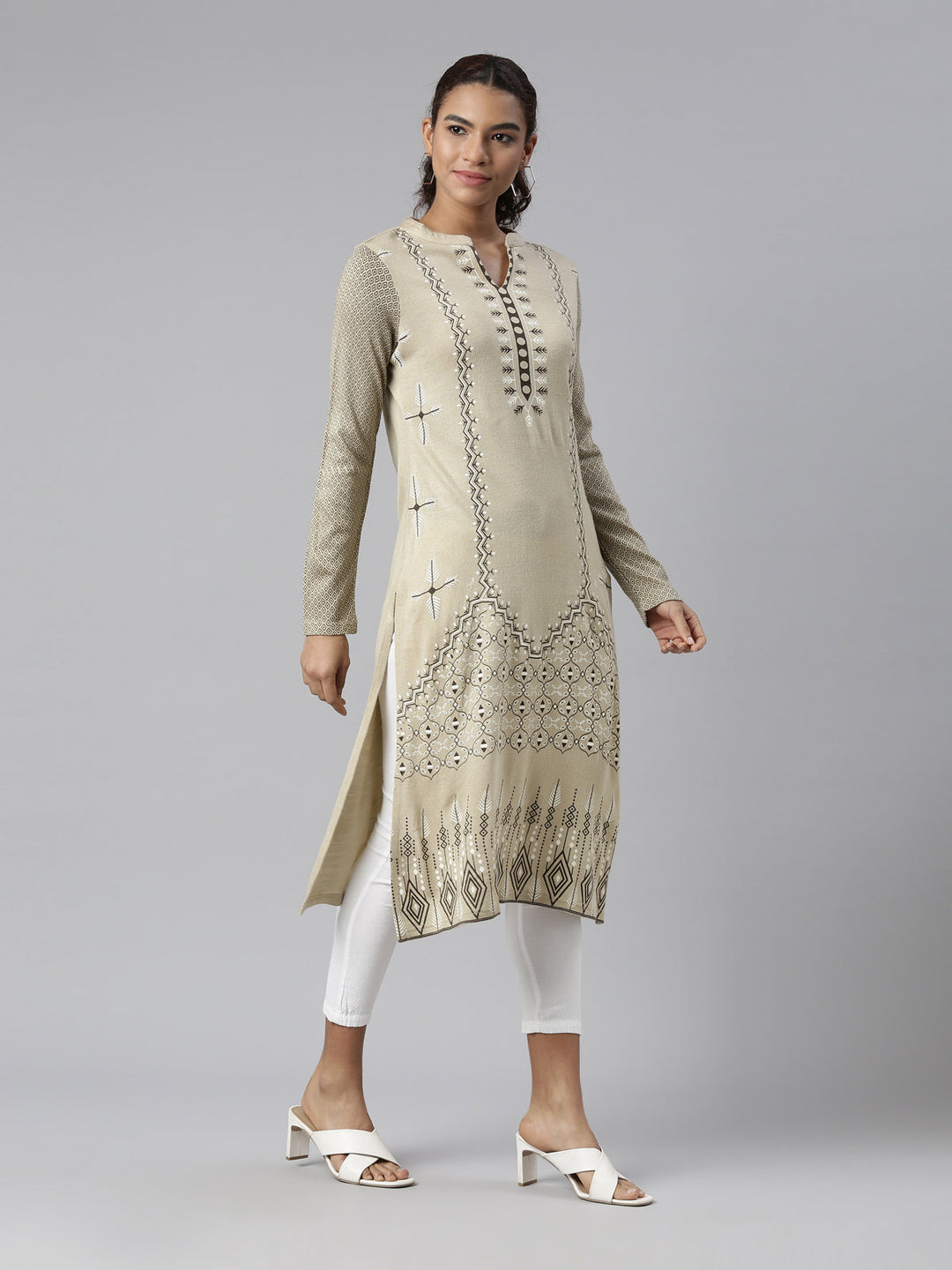 Neerus Brown acrylic printed kurti - front view