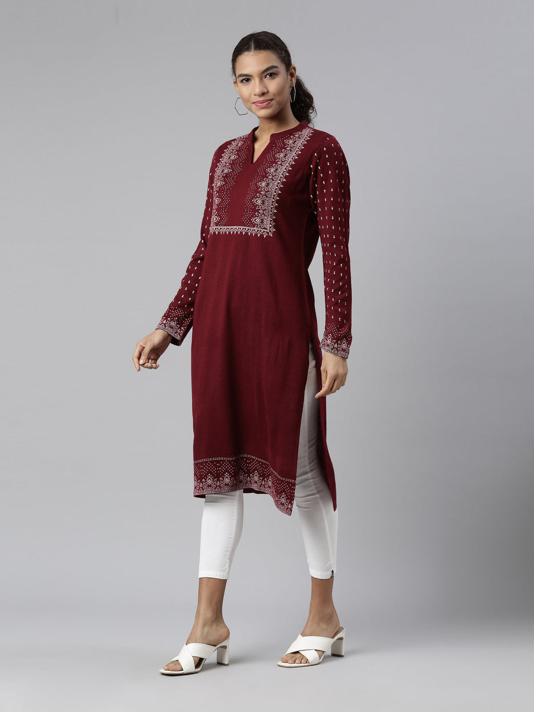 Neerus Maroon acrylic printed kurti - back view