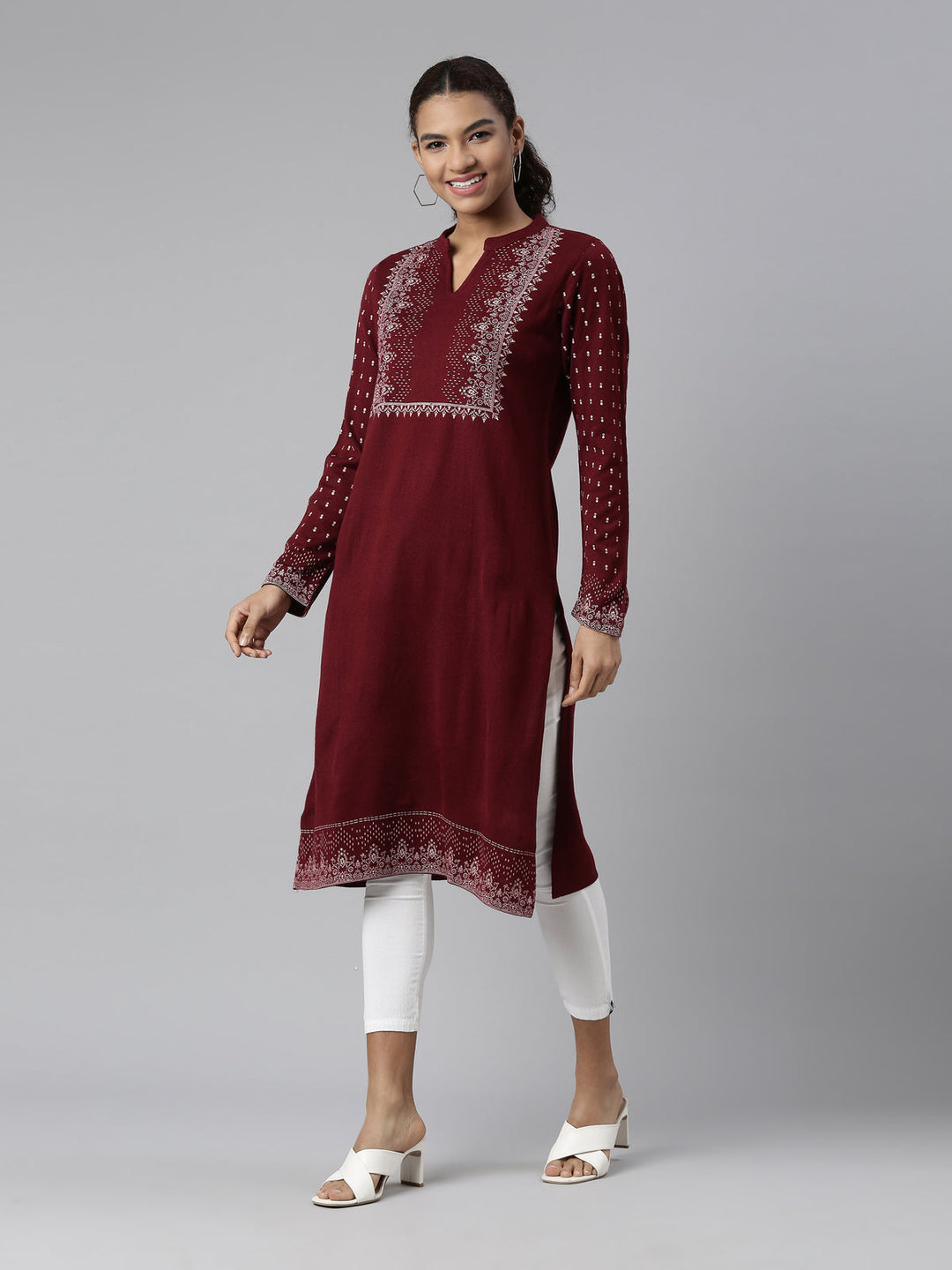 Neerus Maroon acrylic printed kurti - front view