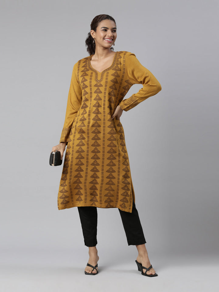 Neerus Yellow acrylic printed kurti - front view