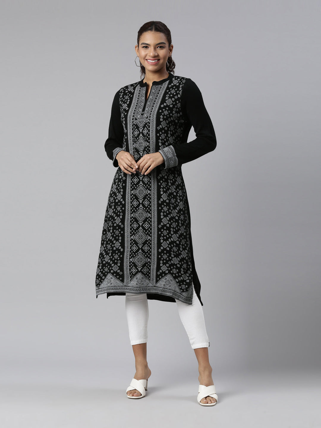 Neerus Black acrylic printed kurti - front view