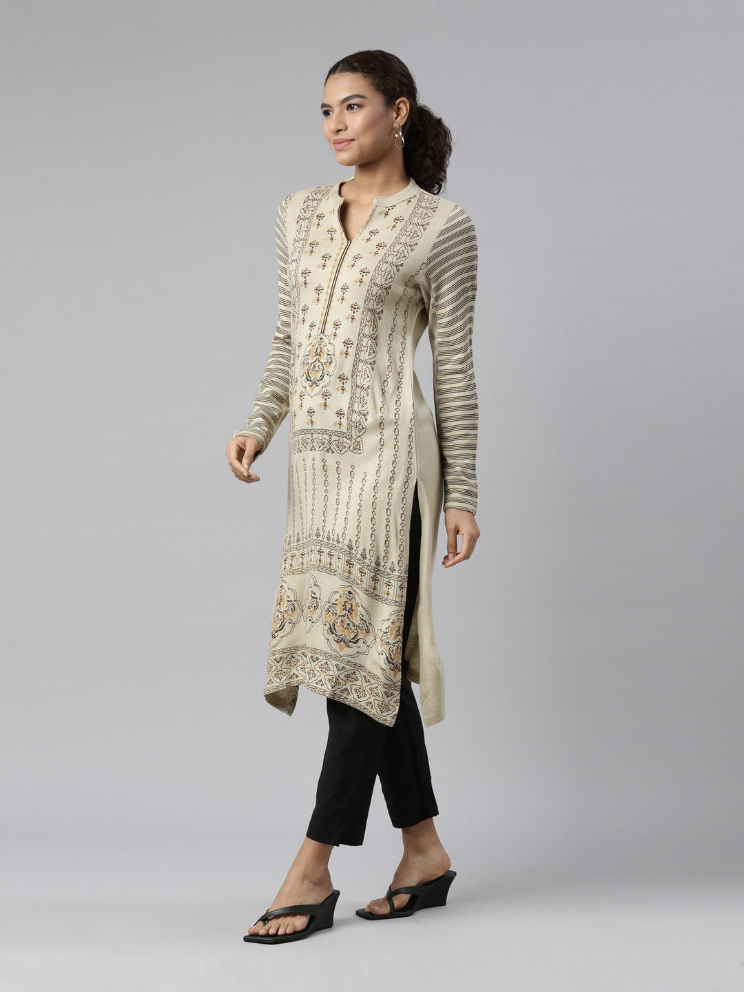 Neerus Acrylic printed ethnic kurti winter wear - back view