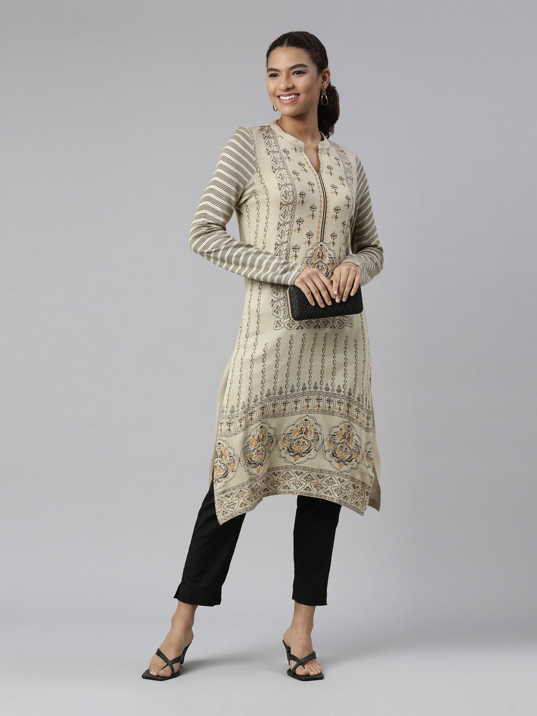 Neerus Acrylic printed ethnic kurti winter wear - front view