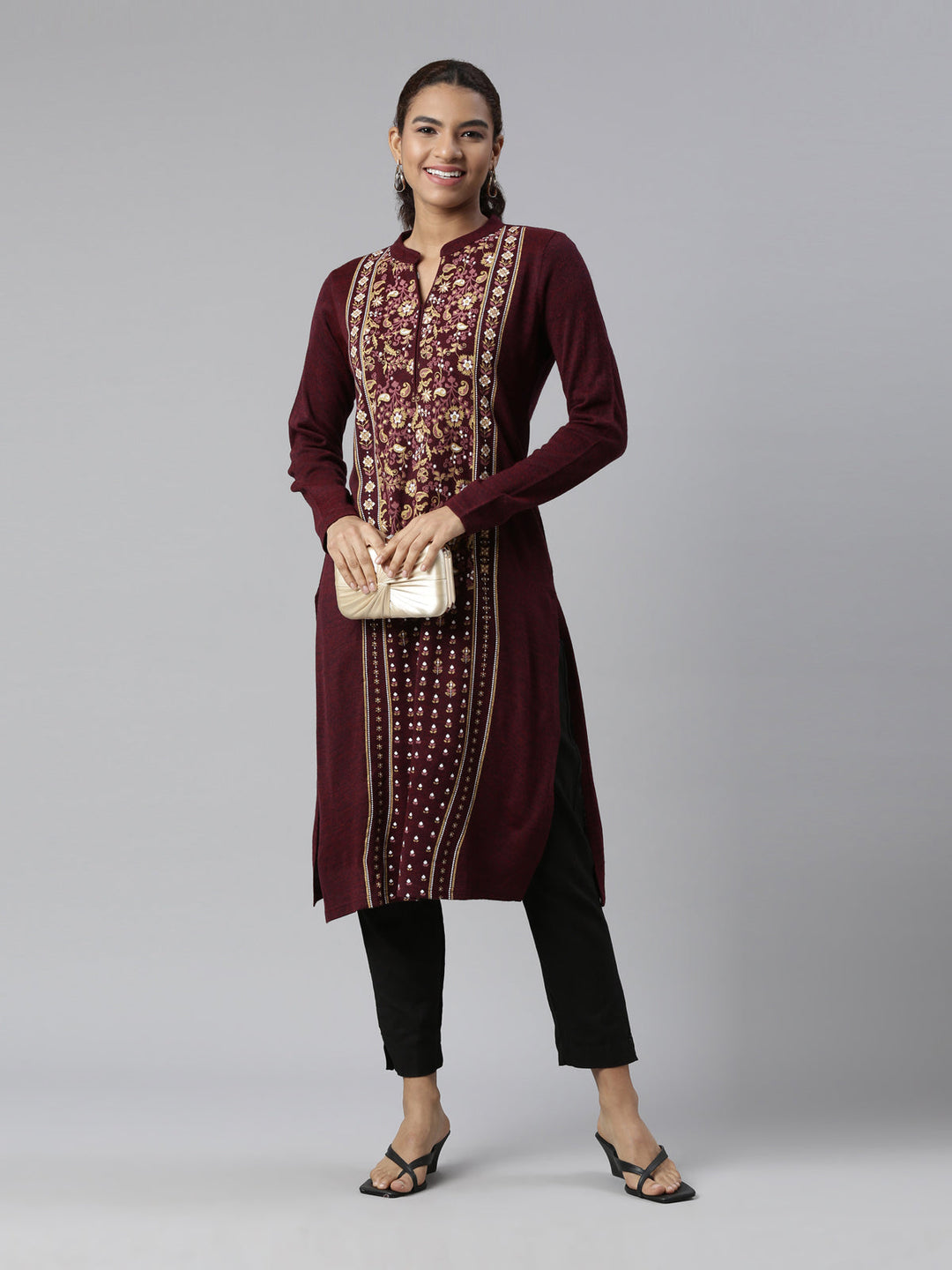 Neerus Pink acrylic thread embroidered kurti - front view