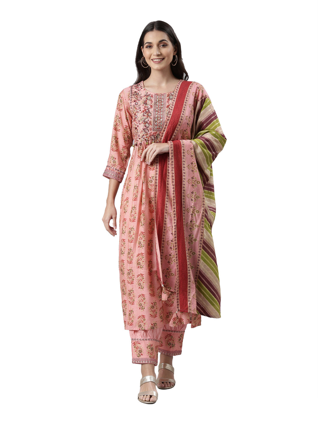 Neerus Pink printed kurta set with trouser and dupatta - front view
