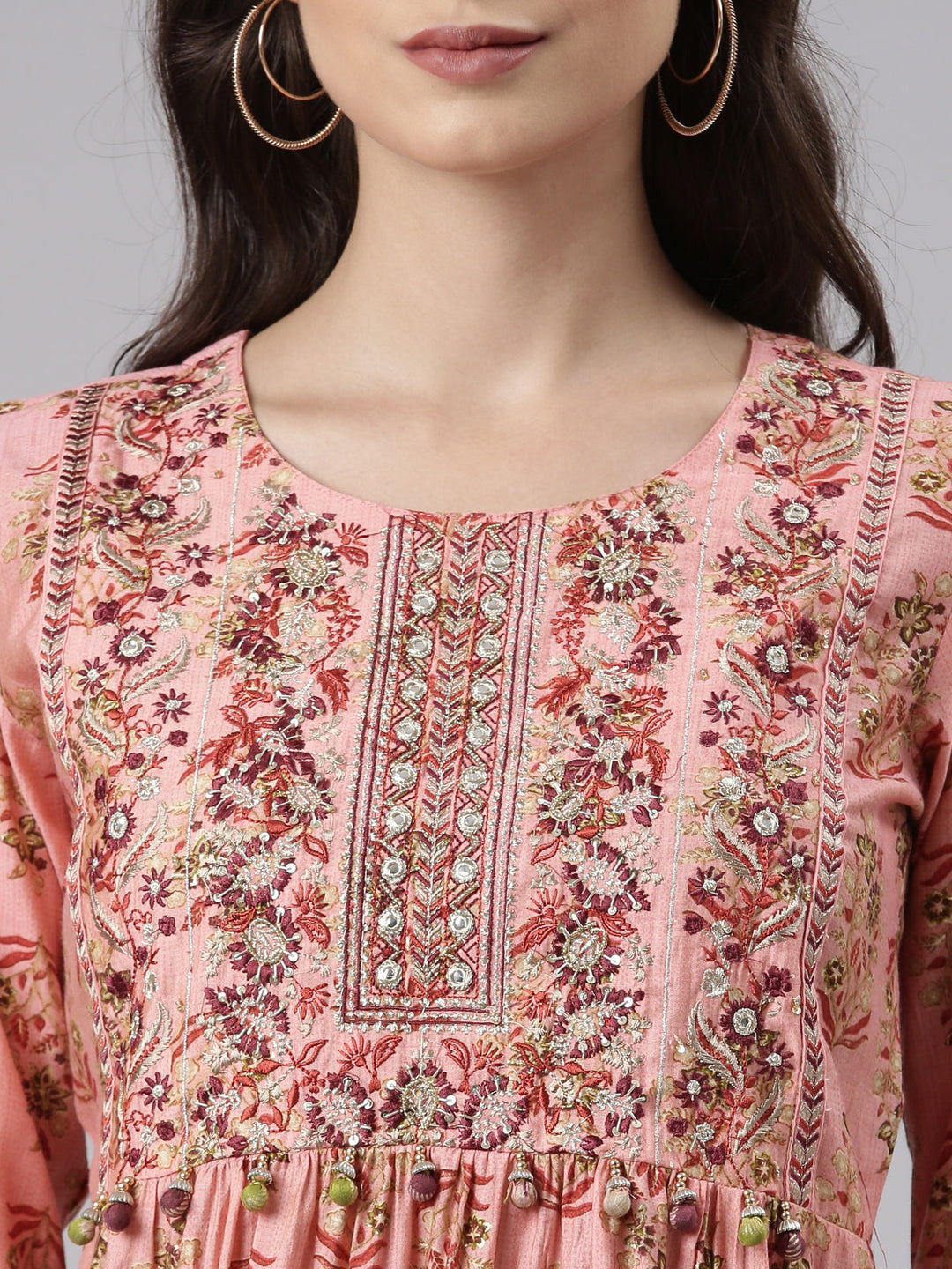Neerus Pink printed kurta set with trouser and dupatta - detail view 1