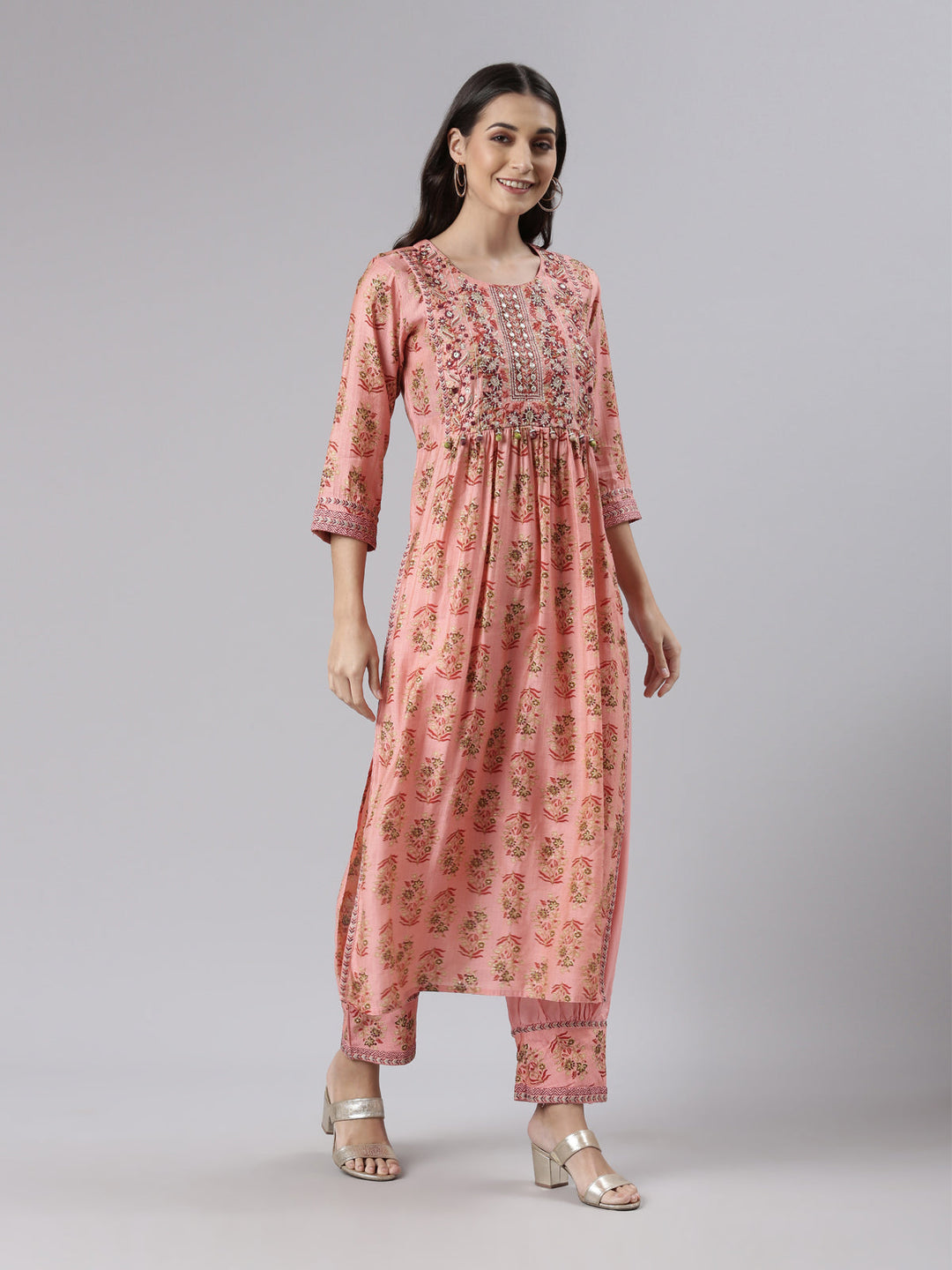Neerus Pink printed kurta set with trouser and dupatta - back view