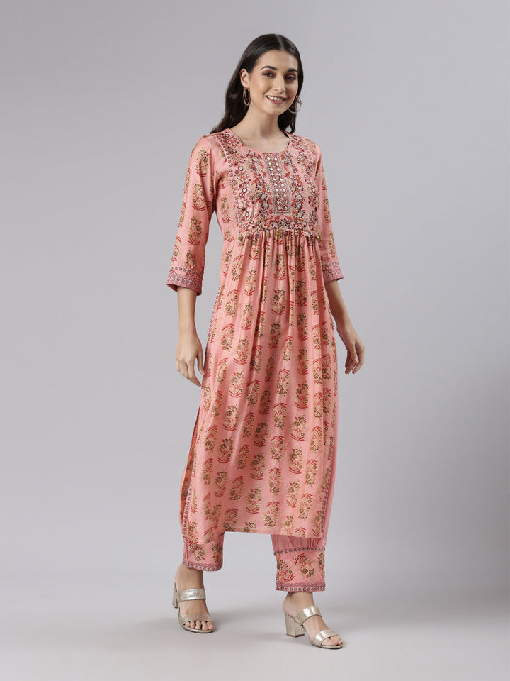 Neerus Pink printed kurta set with trouser and dupatta - back view