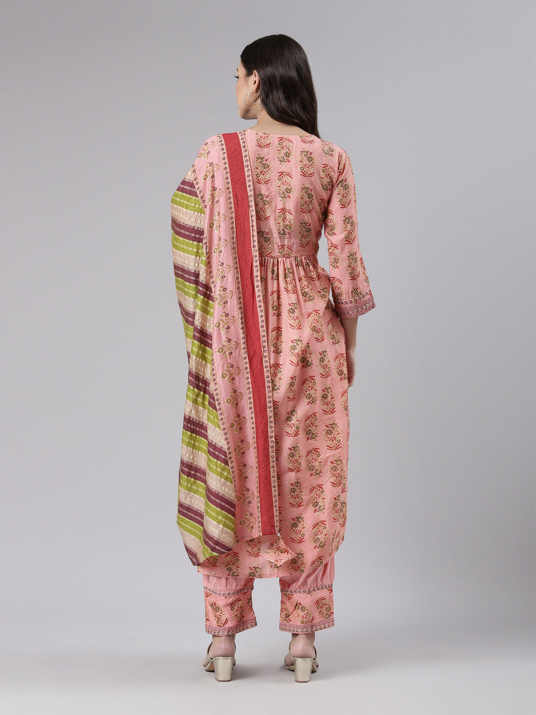 Neerus Pink printed kurta set with trouser and dupatta - side view
