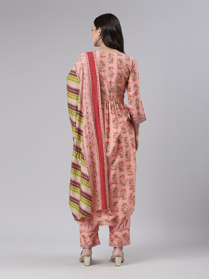 Neerus Pink printed kurta set with trouser and dupatta - side view